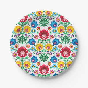 Floral Heart Folk Art Pattern Paper Plate