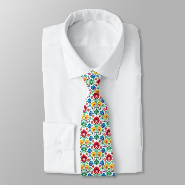 Floral Heart Folk Art Pattern Tie (Tied)