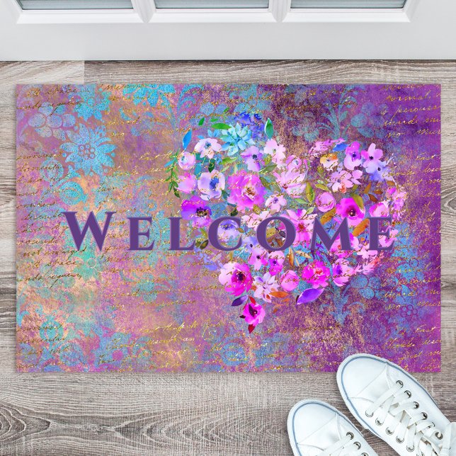 Floral Heart Gold Antique Handwriting Welcome Doormat (Creator Uploaded)