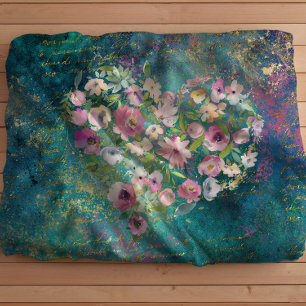 Floral Heart Gold Romantic Handwriting Fleece Blanket