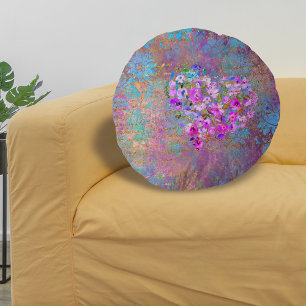 Floral Heart Gold Vintage Handwriting Round Cushion