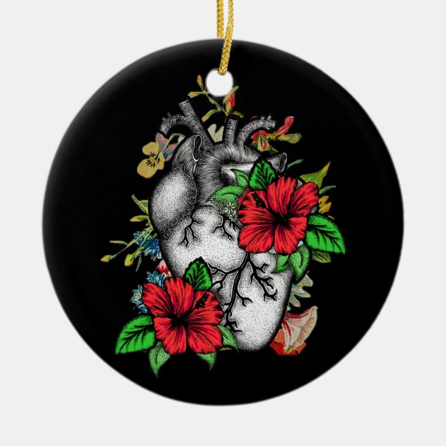 Floral Heart Human Anatomy Cornflower Mothers Day Ceramic Ornament (Front)