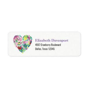 Floral Heart Illustration in Pink and Green Return Address Label