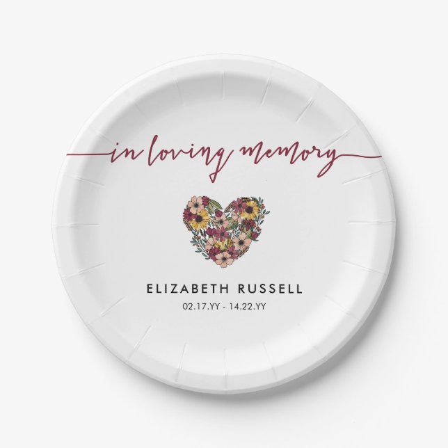 Floral Heart In Loving Memory Memorial Funeral Paper Plate (Front)