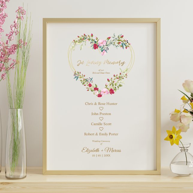 Floral Heart In Loving Memory Wedding Table in Red Poster (Creator Uploaded)