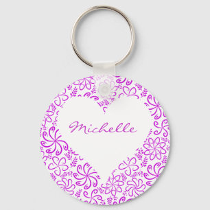 Floral heart in purple white with a name key ring
