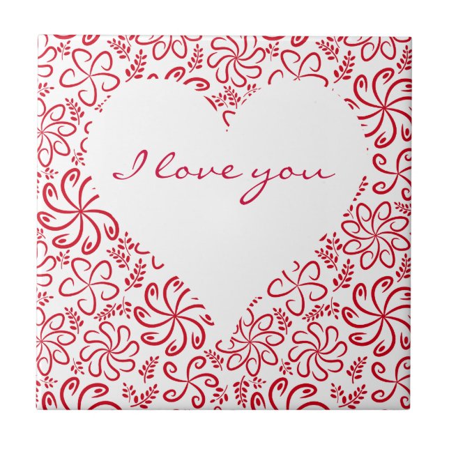 Floral heart in red white with a name ceramic tile (Front)