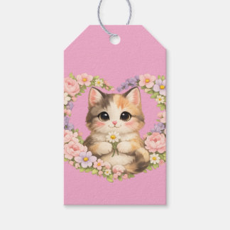 Floral Heart Kawaii art Kitten Gift Tags