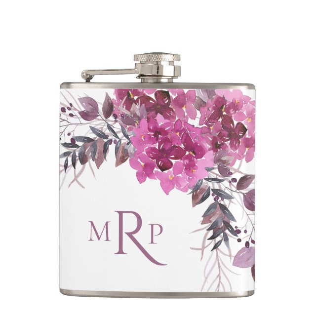 *~* Floral Heart Magenta Hydrangea Chic Popular Hip Flask (Front)