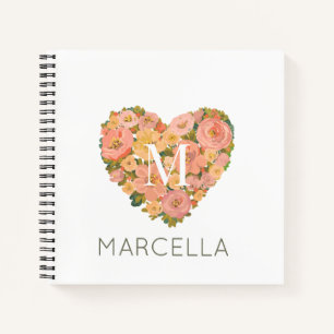 Floral Heart Modern Bouquet Custom Monogram Notebook