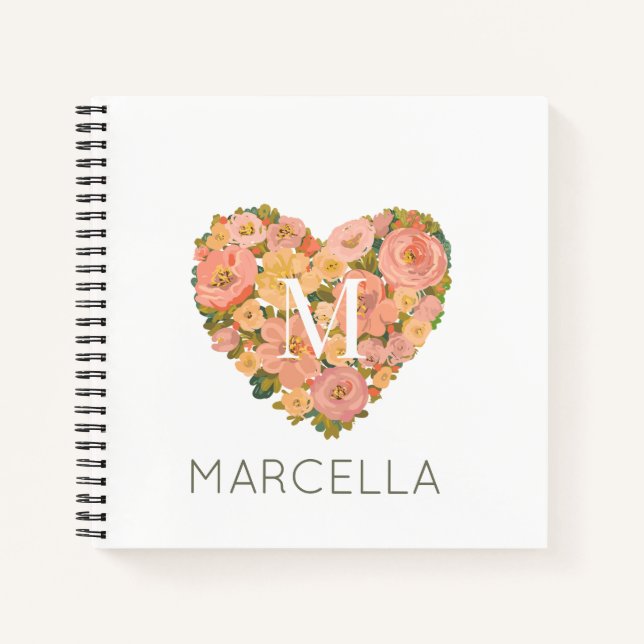 Floral Heart Modern Bouquet Custom Monogram  Notebook (Front)