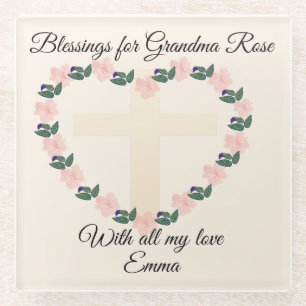 Floral Heart Mother’s Day Blessing for Grandma Glass Coaster