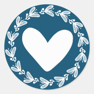 Floral Heart Navy Blue & White Laurel Wreath Love Classic Round Sticker