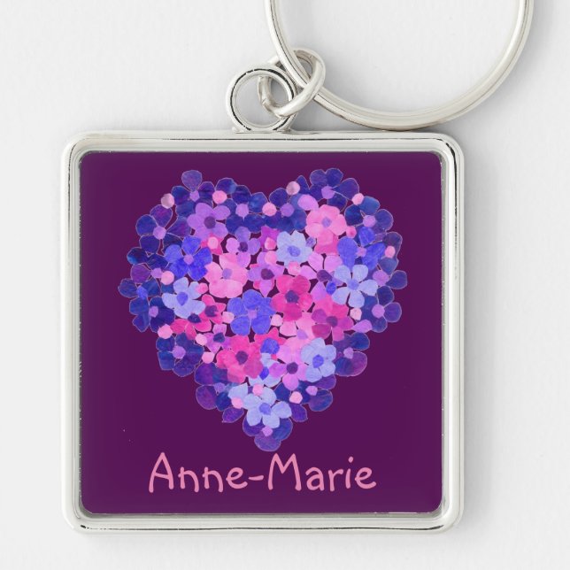 Floral Heart on Purple Custom Square Keychain (Front)