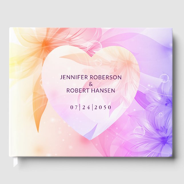 Floral Heart Orange Purple Dewdrops Wedding Guest Book (Front)