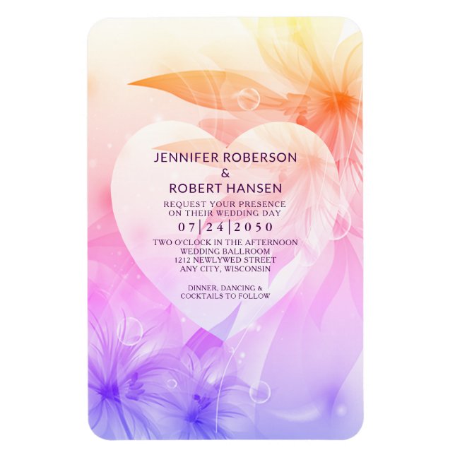 Floral Heart Orange Purple Dewdrops Wedding Invite Magnet (Vertical)