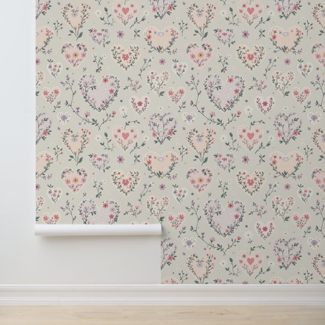 Floral Heart Pattern Pastel Design Wallpaper (Application)