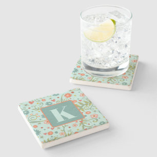 Floral Heart Pattern Pretty Custom Initial  Stone Coaster