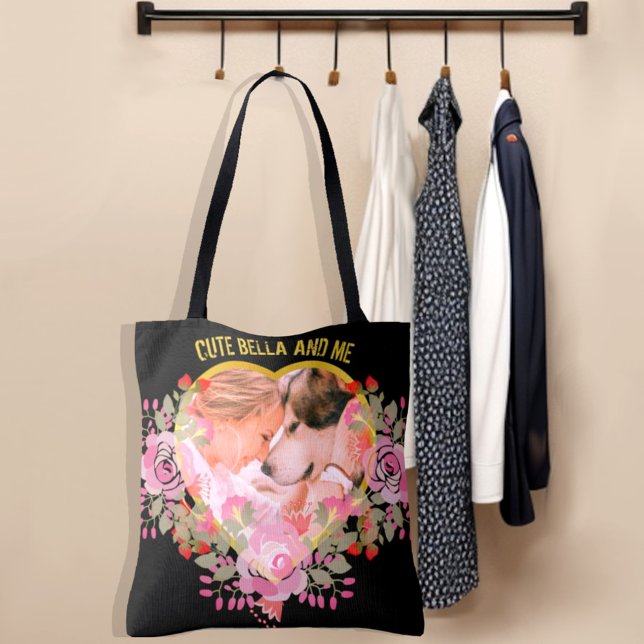 Floral Heart photo Cherished Memories  Tote Bag (Personalized floral heart shaped photo and custom test tote bag.)