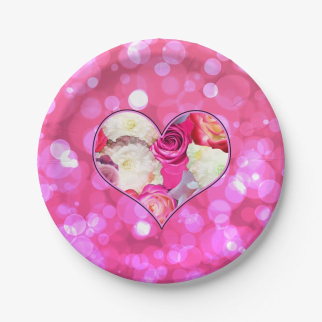 Floral Heart Pink Bokeh Paper Plate (Front)