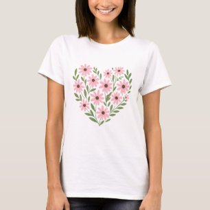 Floral Heart - Pink Daisy Botanical Nature Art T-Shirt
