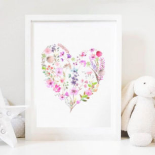 Floral Heart Pink Watercolor Girl Nursery Decor