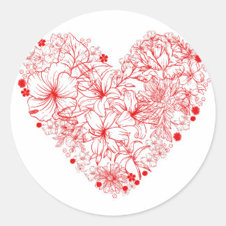 Floral Heart, Red Flowers Heart Classic Round Sticker