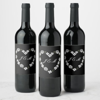 Floral Heart-Shaped Monogram Wedding Wine Label