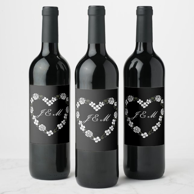 Floral Heart-Shaped Monogram Wedding Wine Label (Bottles)