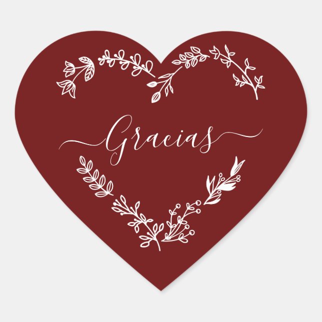 Floral Heart Thanks in Spanish Burgundy Background Heart Sticker (Front)