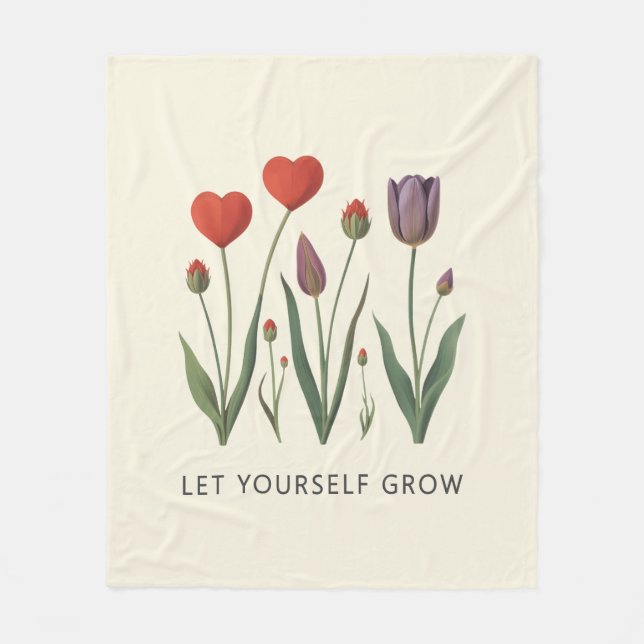 Floral Heart Tulips Let Yourself Grow Quote Fleece Blanket (Front)