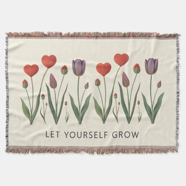 Floral Heart Tulips Let Yourself Grow Quote Throw Blanket (Front)