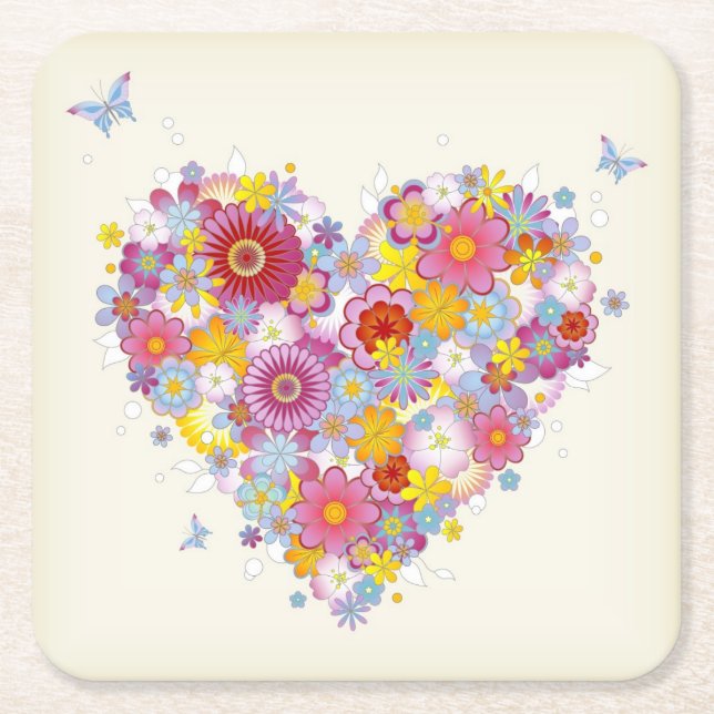 Floral heart with butterflies square paper coaster (Front)