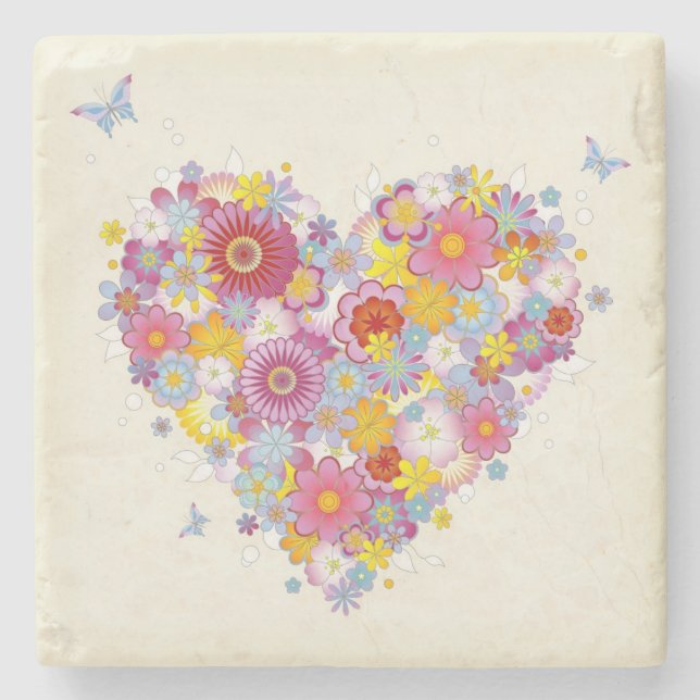 Floral heart with butterflies stone coaster (Front)