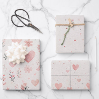 Floral & Heart Wrapping Paper Set of 3