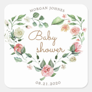 floral heart wreath baby shower square sticker