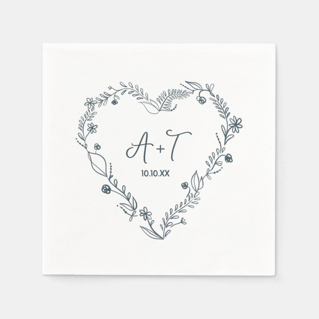 Floral Heart Wreath Hand Drawn Wedding Napkin (Front)