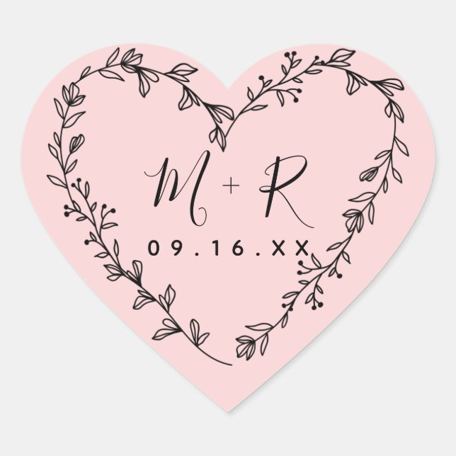 Floral Heart Wreath Initials Heart Sticker (Front)