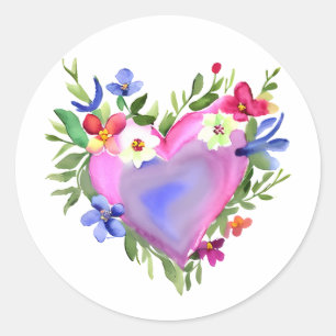 Floral Heart Wreath   Pastel Watercolor Classic Round Sticker