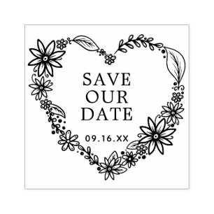 Floral Heart Wreath Save our Date Rubber Stamp