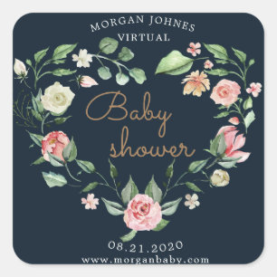 floral heart wreath virtual baby shower square sticker