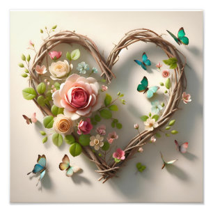 Floral Heart Wreath with Butterflies Romantic  Photo Print