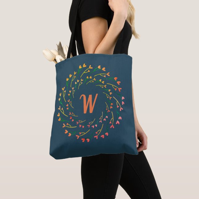 Floral Heart Wreaths With Monogram Initial Chic Tote Bag (Close Up)