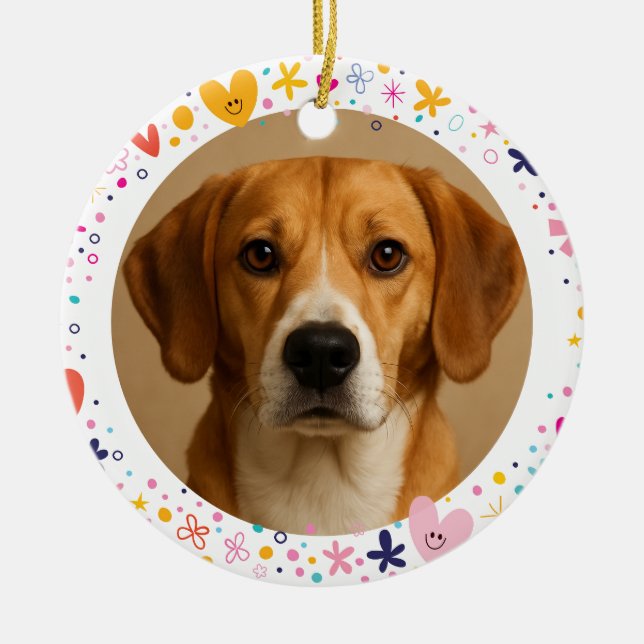 Floral Hearts Frame Custom Pet Photo | Personalise Ceramic Ornament (Front)