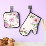 Floral Hebrew Shabbat Oven Mitt   Pot Holder Set<br><div class="desc">A beautiful and practical gift for your favourite Jewish Chef! This pot holder set includes the Hebrew words L'kovod Shabbos Kodesh - In honour of the Shabbat. And because her cooking is a work of art, this design has space to sign her name with a flourish! Perfect as a unique...</div>