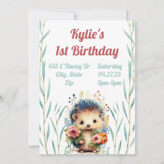 Floral Hedgehog Birthday Invitation 