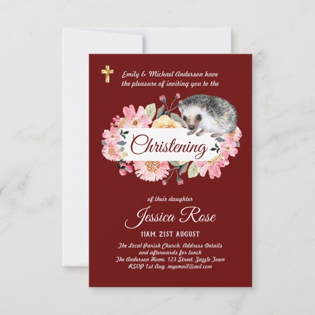 Floral Hedgehog Christening Invites Baptism  (Front)