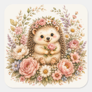 Floral Hedgehog Watercolor Art Square Sticker