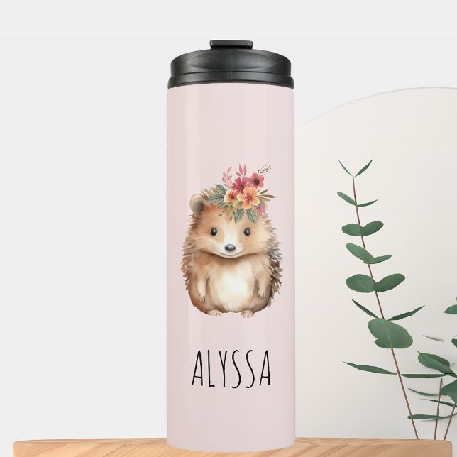 Floral Hedgehog watercolor Thermal Tumbler (Floral Hedgehog watercolor Thermal Tumbler Travel mug for her blush pink)