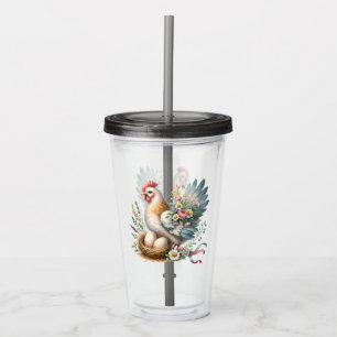 Floral Hen with Eggs Vintage Farmhouse Charm Acrylic Tumbler